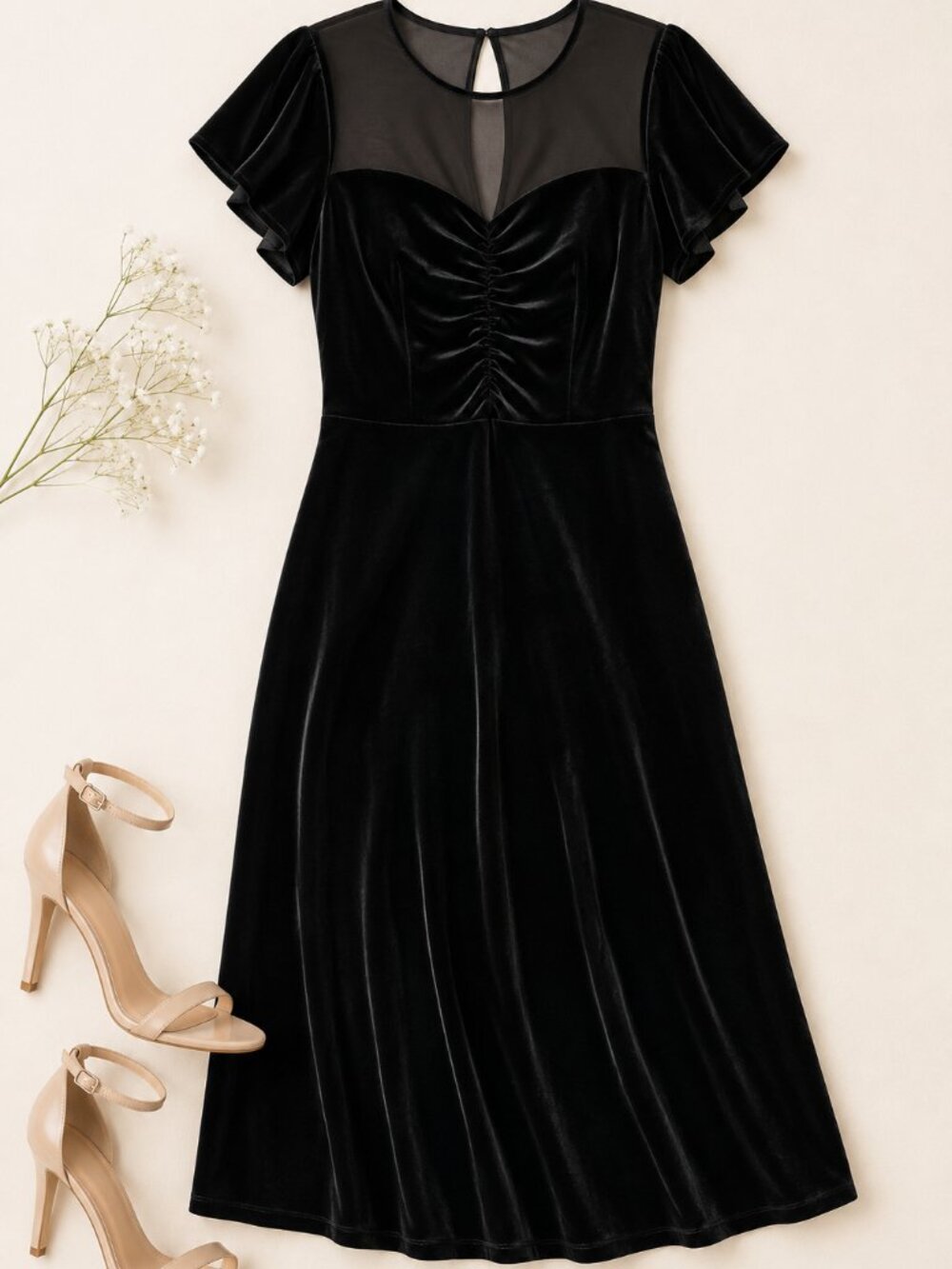 London Times Black Velvet Mesh-Yoke Dress Size 8 NWT Classic Evening Dress - Picture 3 of 6